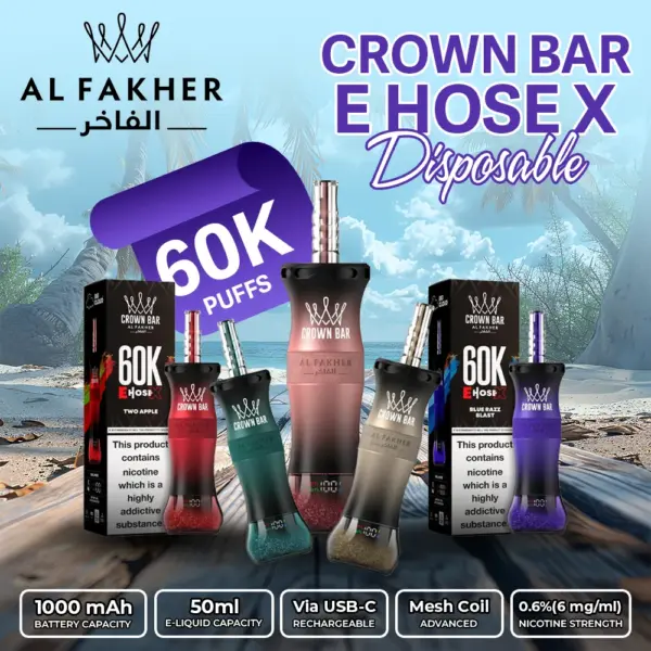 Al Fakher Crown Bar E Hose X 60k Puffs -10 packs (shipped from Overseas)